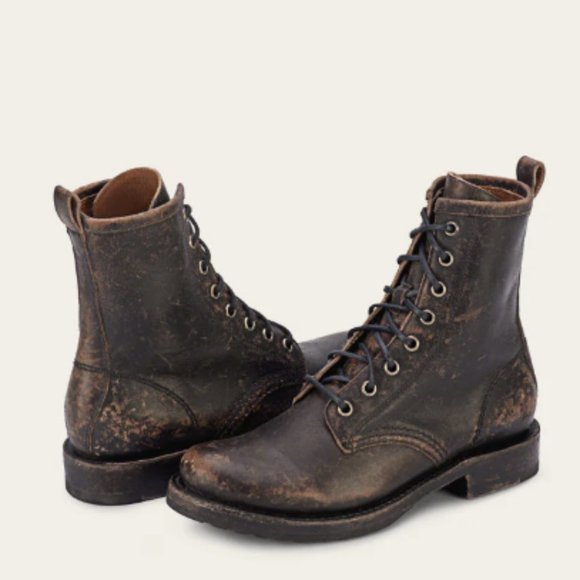 $378 Frye Veronica Combat Distress Brown Leather Lace Up Moto Combat Ankle Boot - Picture 3 of 16